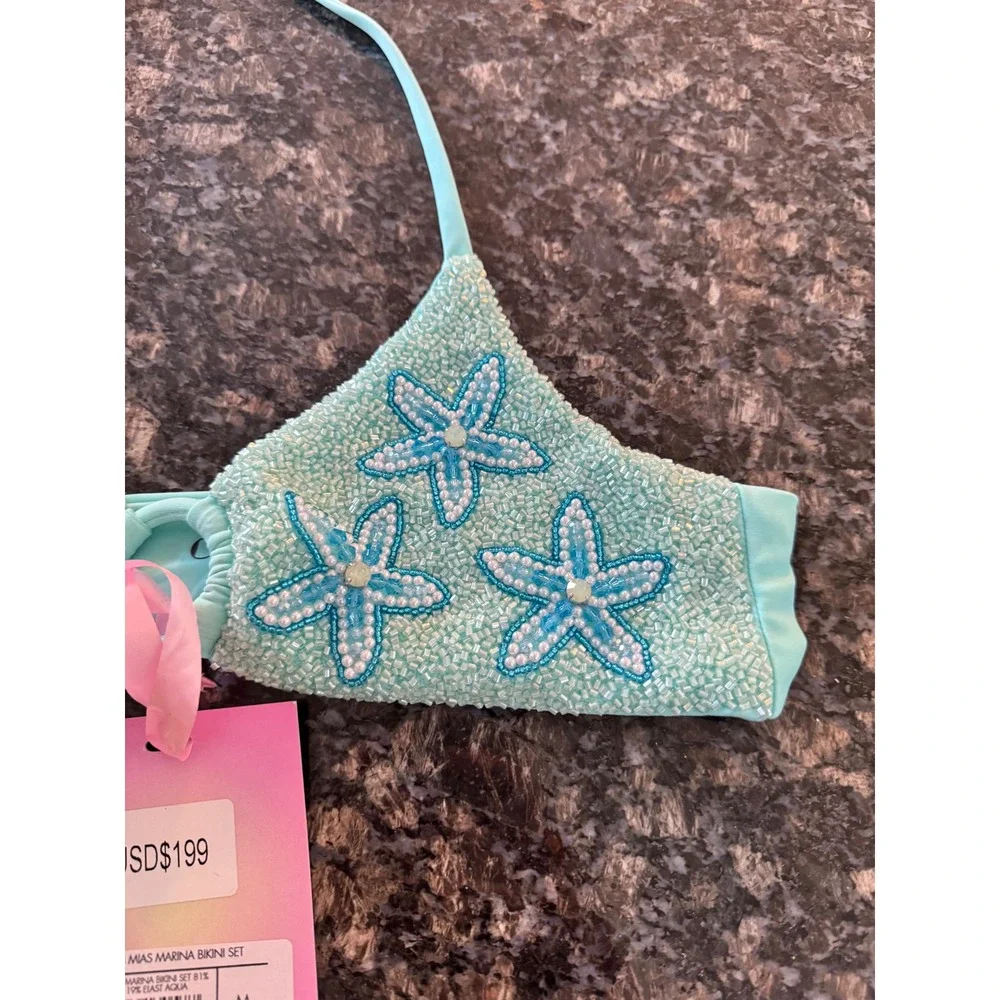 Oceanus‎ Mias Marina Beaded Starfish Bikini Top Aqua Blue BK028 Medium NWT